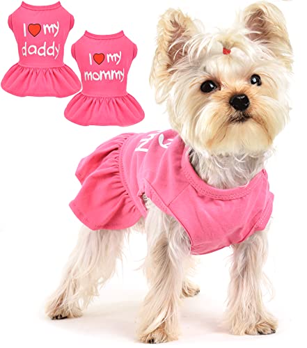 Summer Dog Dress, 2-Pack Pink Dog Clothes For Small Dogs Girl, I Love My Mommy/Daddy Puppy Dresses Shirt Lightweight Pet Outfit, Cat Apparel (Small, Hot Pink) #TOP25