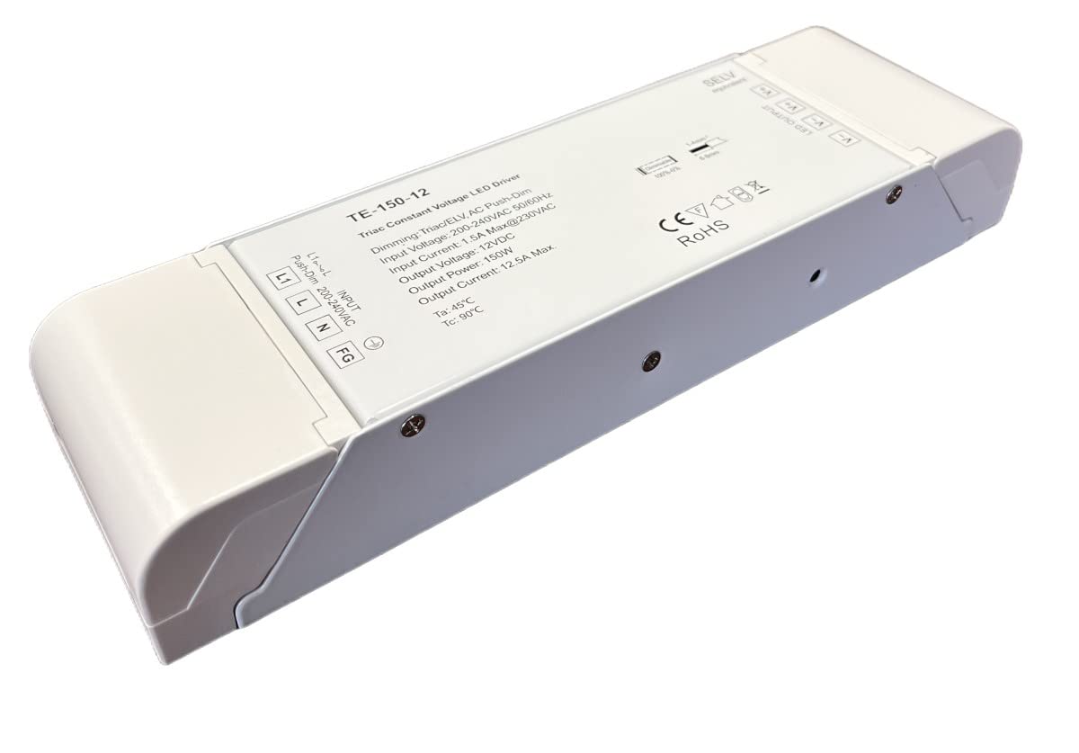 LEDLUX Trasformatore Dimmerabile, 12V 150W, Alimentatore CV, Triac ELV Pulsante N.O. (Push Dimmer), Varialuce Su 220V, Per Striscia Led 12V