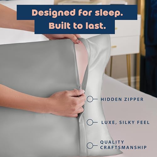 Image of BLISSFORD Satin Pillowcase with Zipper, for Hair and Skin Care, Feels Soft and Cool Like a Silk Pillowcase, Satin Pillow Cases 2 Pack, Slik Pillow Cover, Grey, Queen Size, Set of 2