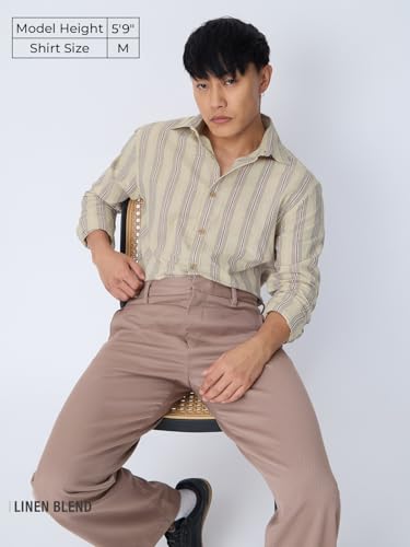 Image of The Souled Store: Echo Men and Boys Long Sleeve Spread Collar Beige and Blue Striped Regular Fit Casual Easy to Wear Summer Ready Lightweight Cotton Linen Shirt