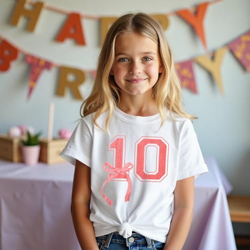 Image of Girl Birthday Shirt 10th Birthday T-Shirt Bow 10 Year Old Bday Short Sleeve Tee Top Tenth Party Outfit