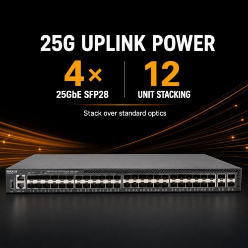 Image of Ruckus ICX8200-48F Managed Switch, 48x 100 /1000 Mbps SFP Fiber, 4x 25GbE SFP28 Uplinks - Stackable Enterprise Switch, 3-Yr Remote TAC Included, TAA Compliant