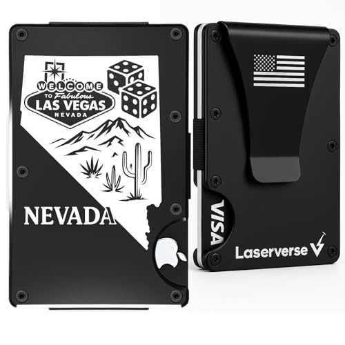 Las Vegas Wallet – Laser Engraved RFID Blocking Minimalist Wallet for Men – Nevada State Outline – AirTag-Compatible Card Holder – Dice Gambling Gift (Classic, Obsidian Black) - Main Image