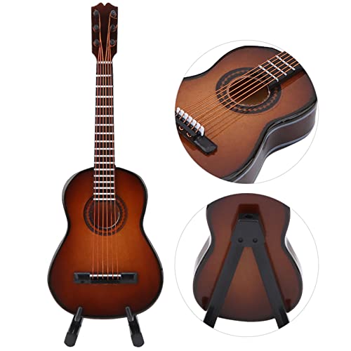 Miniatur Gitarre Modell Holz Musikinstrument mit Stand und Box Kinderzimmer Dekoration Kleine Handwerk Ornamente Wohnkultur (Braun 14cm)