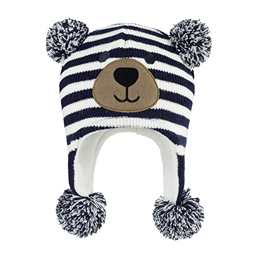 Durio Baby Winter Hat Fleece Lined Baby Boy Hat Pom Pom Earflap Baby Hats Thick Warm Baby Winter Hats A Navy Stripe Bear 3-12 Months