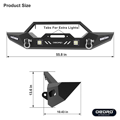 OEDRO Front and Rear Bumpers Fit 1987-2006 Jeep Wrangler TJ & YJ, Off Road Front & Back Bumper with Winch Plate Mounting & 4 X LED Lights & Hitch Receiver & 4 x D-Rings & Paintable Armor