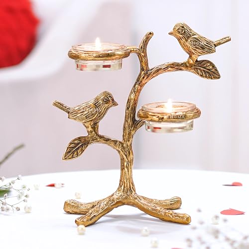 Image of BEHOMA Metal Romantic Love Birds Tree Candle Holder | Blessing Birds Tea Light Centerpiece for Home Decor & Living Room | Couple Gift for Valentine's Day, Wedding, Anniversary & Housewarming - Gold