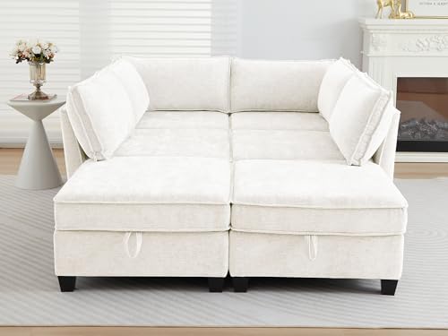 Image of ORRD Sleeper Modular Sectional Sofa Set, Convertible Couch Bed with Storage, 6 Seater and 4 Armrestes Sofa Modular for Living Room, Office (Beige)