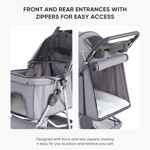 Image of NEWBULIG 3 Wheel Pet Stroller for Dogs and Cats, Foldable, Lightweight and Durable, Ideal for Small to Medium Pets, Includes Storage Basket and Cup Holders