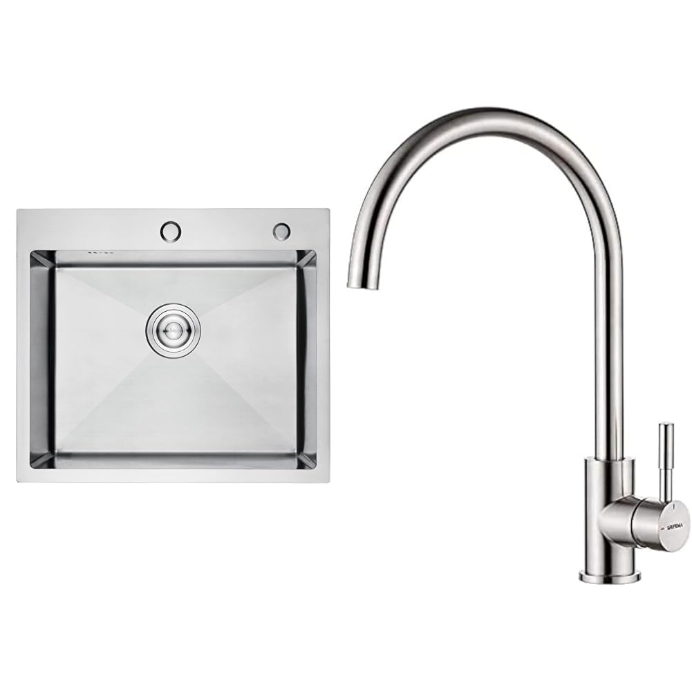 Ibergrif, M85545 Fregadero sobre Encimera con Filtro de Drenaje y 2 Agujeros de Montaje & GRIFEMA Irismart G4008 Grifo de Cocina Alto con Caño Giratorio, Mezclador de Fregadero