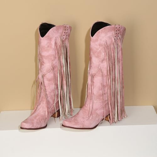 Fringe Cowboy Boots for Women,Womens Square Toe Mid Calf Embroidered Western Boots,Tassel Cowgirl Boot Stacked Heel Retro Fall Winter Booties for Women3
