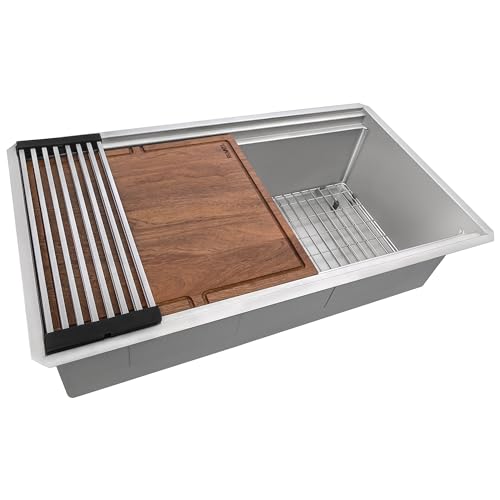 Image of Ruvati 33-inch Rounded Corner 16 Gauge Stainless Steel Workstation Sink - Modern Two-Tiered Ledge Undermount Kitchen Sink, Perfect for Stainless Steel Sink Kitchens - RVH6222ST