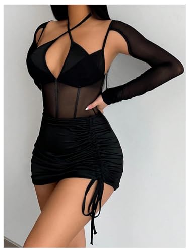 OYOANGLE Women's Two Piece Outfits Long Sleeve Cut Out Halter Mesh Bodysuits with Bodycon Mini Skirt4
