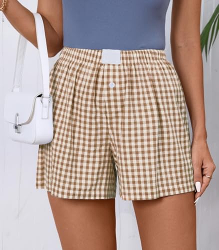 Image of Women Pajamas Shorts Y2k Elastic Waist Plaid Boxer Shorts Cute Gingham Sleep Lounge Bottoms