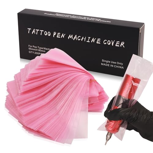 Yangna Tattoo Pen Covers Disposable Sleeves 200Pcs Pink Machine Covers 2.5x7.1inch Large Size Fits Most Rotary Machines Durable Plastic Protection