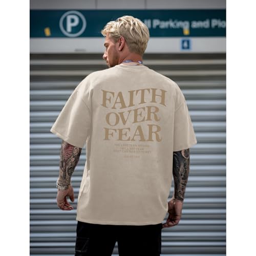 Image of Christian Faith Over Fear Shirt for Men Jesus Religious Shirts Oversized Graphic Tees Acid Wash God T-Shirt