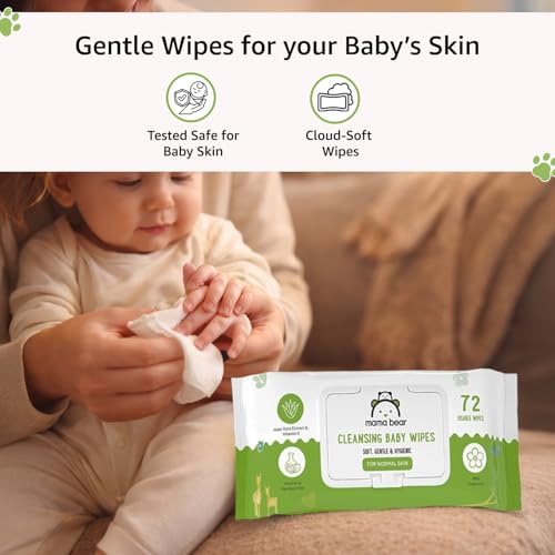 Image of Amazon Brand - Mama Bear Cleansing Baby Wipes With Lid | 216 Wipes | 72 Wipes x 3 Packs | Dermatologically Tested | With Aloe Vera & Vitamin E | Alcohol-Free | Paraben-Free | Water-Based formulation