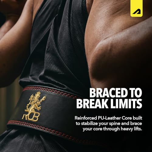 Image of Boldfit x Royal Challengers Bengaluru Official Merchandise Weightlifting Belt with Lever Lock Buckle for Men & Women Workout PU Leather Powerlifting Gymbelt for Deadlift Squat Support Belt BlackRed S