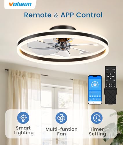 Image of VOLISUN Low Profile Ceiling Fans with Lights and Remote, 27.6in Flush Mount Ceiling Fans with Light, 3000K-6500K Dimmable Fandelier LED Fan Light, Black Bladeless Ceiling Fans with Lights for Bedroom