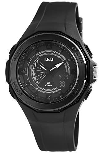 Q&Q GW91J002Y - Reloj de pulsera para hombre (caucho, multifunción, 10 bar, analógico, cuarzo, analógico), Negro , Correa