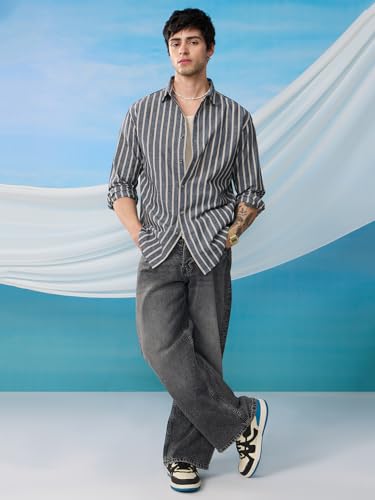 Image of The Souled Store Cotton Linen Stripes: Azure Men and Boys Long Sleeves Collared Neck Button Front Regular Fit Cotton Linen Shirts