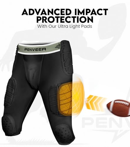Penveer 7.0 Youth Football Girdle for Boys with Cup Pocket - Padded Compression Shorts with Integrated Hip, Thigh, Knee & Tailbone Pads for Maximum Protection (Black, YM)