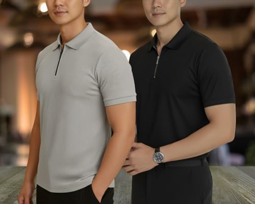 Image of MACK JONNEY Men's Cotton Self Design Polo T-Shirts | Front Half Zipper | Pack of 2 | Multicolour