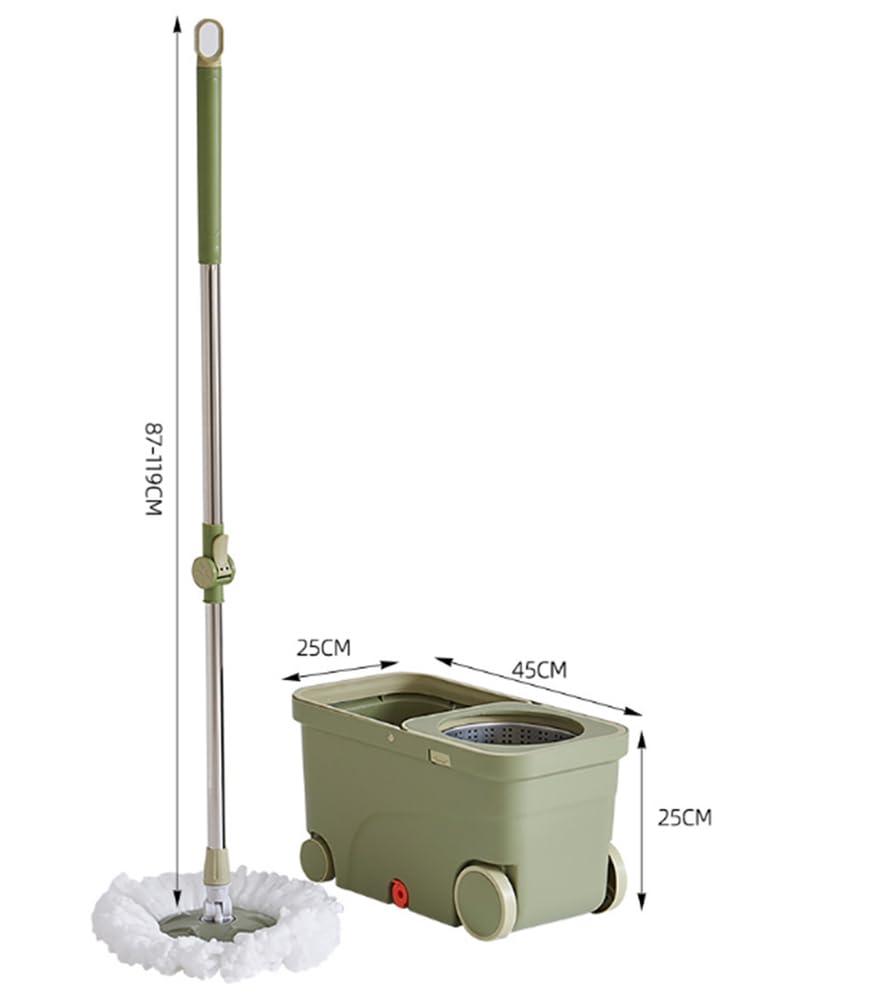 Juego de fregona giratoria y cubo con ruedas, fregona de microfibra | Mango ajustable de acero inoxidable, cabezal de fregona giratorio de 360°, sistema de limpieza de fregona perezosa