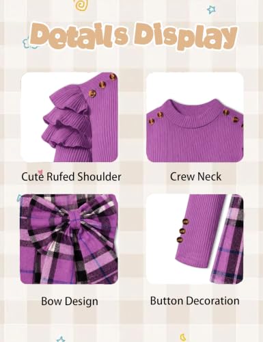 Image of Girls Clothes 2 Piece Ruffle Long Sleeve Shirt Top and Bow Plaid Skirt Set Girls Fall Winter Outfits 6-16 Years