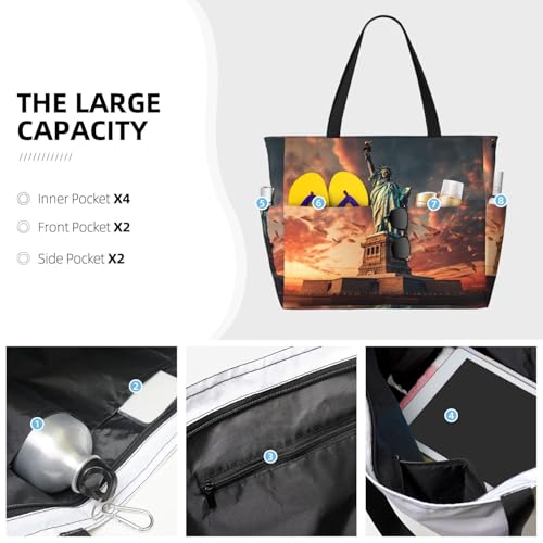 Statue Of Liberty In Nyc Extra Large Tote Bag For Women,Foldable Beach Bag With Pocket Weekender Travel Overnight Bag3