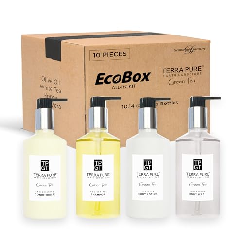 Terra Pure 10 Piece Ecobox All-In-Kit | Green Tea Soap | 3 Shampoo, 2 Conditioner, 3 Body Wash & 2 Lotion | 10.14oz Hotel Soaps and Toiletries Bulk | Personal Care Products