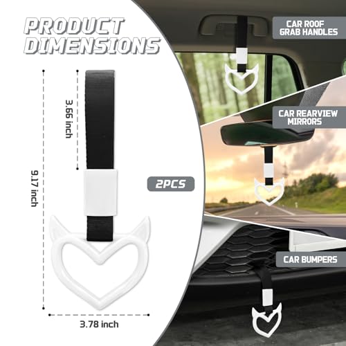 Image of 2 Pcs Devil Heart Shaped Car Handle Strap - Drift Charm Rear Bumper Warning Ring Decor for Car Interior Exterior, Subway Bus Handle Accessory, Cute Heart Car Decor Gift for Drivers (White)