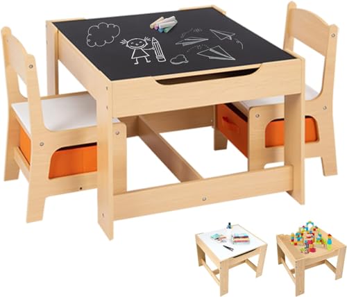 COSTWAY Table Enfant avec Chaise, Petite Table avec Tableau Amovible à 2 Faces et 2 Boîtes, Bureau Enfant avec Rangement Taille Compacte pour Chambre, École