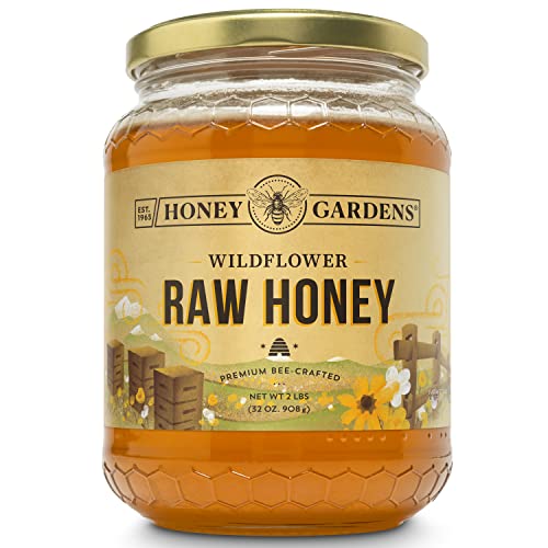 Honey Gardens Wildflower Raw Honey, Premium, Unfiltered, Unpasteurized Pure Honey Bee-Crafted from Clover, Alfalfa & Wildflowers from the American Plains, Light Color, 60-Day Guarantee, 43 Serv, 2 LB