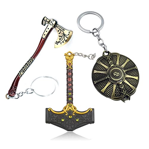 UVAIIE God of War 5 Kratos Keychains (3PCS) - Game Weapon Thor's Hammer keychain & Guardian Kratos Foam Shield & Kratos Chain - Gifts for Boys Teens Men