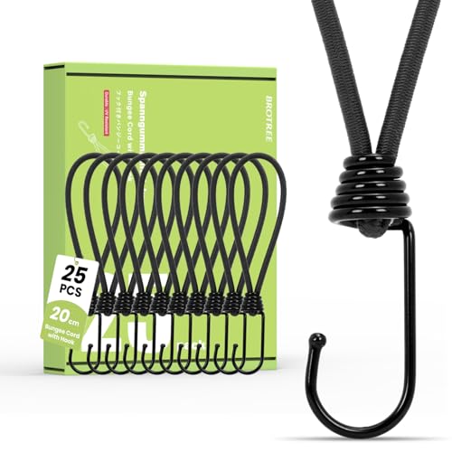 Brotree Bungee Cords with Hooks 25 Pack 20cm Bungee Hooks Small Bungee Rope with Hooks for Tarpaulins Tents, Tarp and Fixing - Black
