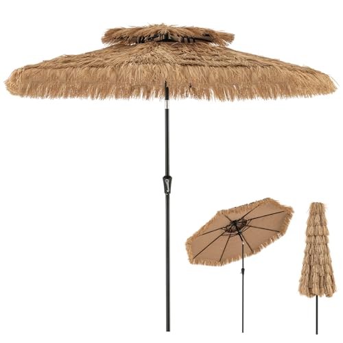 GOPLUS 2,7M Parasol Paille en PE, Parasol Chaume Hawaïen Tropical, avec Double Toit Inclinable 35°, 8 Baleines, 9 Couches, Manivelle, Protection Solaire,...