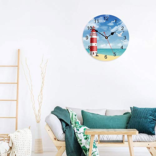 Image of TAHEAT Lighthouse Seagull Ocean Wall Clock, Wooden Battery Operated Clocks, Silent Non Ticking Easy to Read Wall Clock for Kitchen /Bedroom /Living Room, 14 Inch