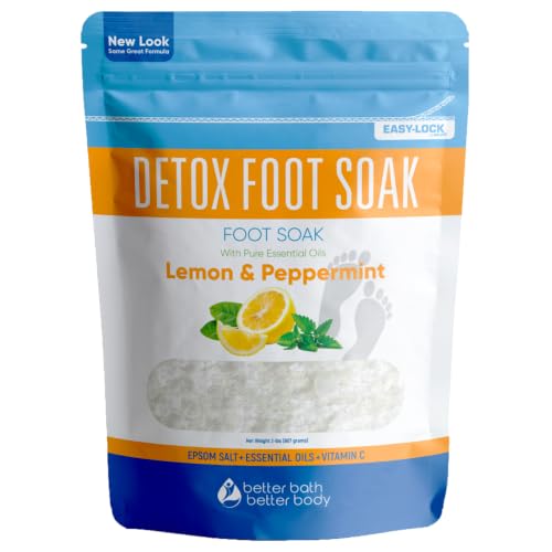 Detox Foot Soak Salts 32 Ounces with Lemon Peppermint Lavender Frankincense Essential Oils BPA Free Pouch with Easy Press-Lock Seal Soothe Athletes Foot Soften Calluses Relax Tired Feet