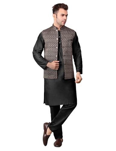 Image of Men's Cotton Silk Blend Regular Kurta Pyjama, Embroidered Nehru Jacket /Waistcoat Set