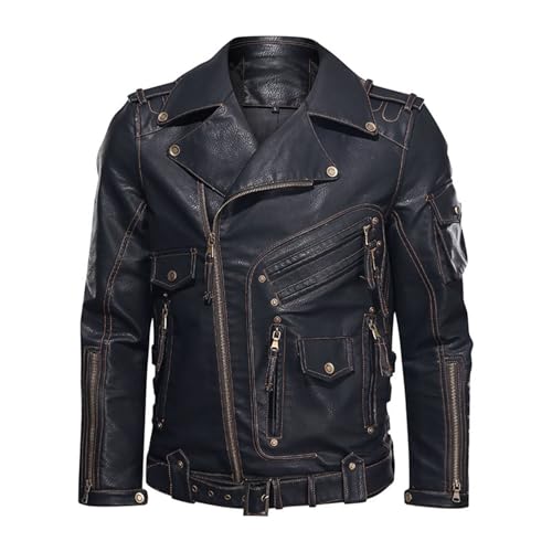 Giacca da uomo in pelle vintage, da moto, con molti
