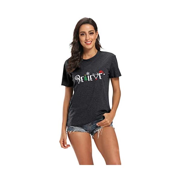 Christmas Believe Tree Shirt Cute Short Sleeve Christmas Graphic Tee Shirts Tops for Women Christmas Shirts Gray