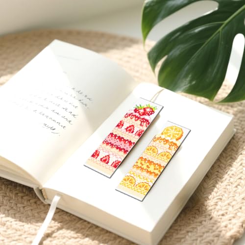 Image of FREEBLOSS 6pcs Fruit Cake Cross Stitch Bookmark Kit 11CT Stamped Cross Stitch Kit DIY Embroidery Bookmarks Set with Felts Backing Instructions for Adult Beginners 8 inchx2.4 inch