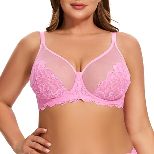 Minimizer Bras for Women, Sexy Lace Unlined Underwire Bra Full Coverage Push Up Sheer Mesh Plus Size Lifting Shecurve Bra