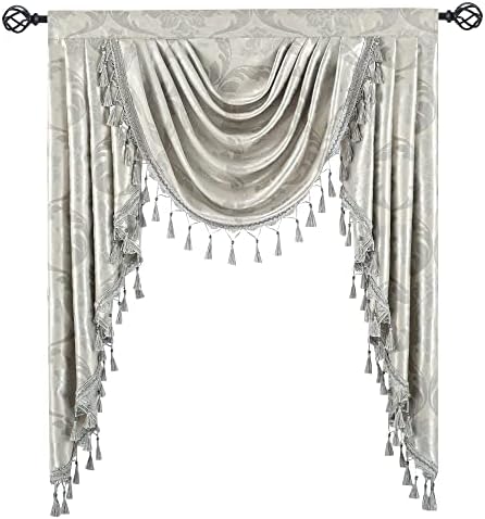 JADE POKE Silver Grey European Floral Valances for Windows Rod Pocket Damask Waterfall Valances with Beads Tassels - Jacquard Swag Cascade Window Valance for Living Room/Office, 1 Panel, Wide 39 Inch