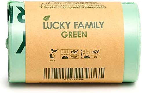 Lucky Family Green Compost Bags for Kitchen Countertop Bin 1.3 up to 1.6 Gallon - 100% Compostable Food Waste Trash Repurpose - Perfect Biodegradable Organic Eco Friendly - 50 Bags per Roll