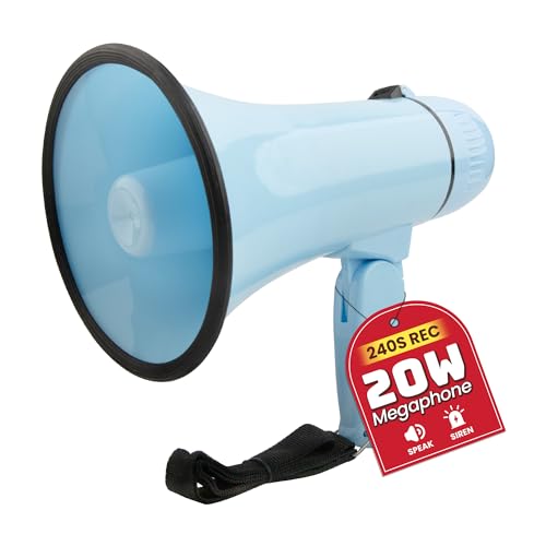 MyMealivos Portable Megaphone 20 Watt Power Megaphone Speaker Bullhorn Voice and Siren/Alarm Modes with Volume Control and Strap (Light Blue)