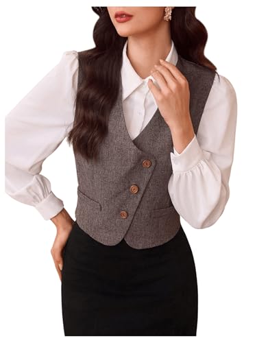 MakeMeChic Women's Button Down V Neck Suit Vest Sleeveless Slim Fit Business Waistcoat