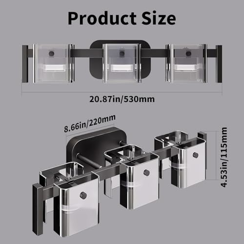 Image of 20.8 inch Modern Black Bathroom Vanity Light 3 Light Bathroom Light fixtures Cordless LED Vanity Light, 3000K /4000K /6000K Adjustable Wall Light with Smoke Gray Glass for Restroom,Bedroom,Kitchen