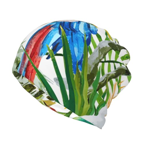 KAABNNT Toucans Parrot Palm Tree Leaves Print Unisex Multifunction Beanie Hat-Ponytail-Friendly Open-Top,Convertible to Scarf/Bandana Black